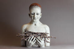Hand built mixed clays, crackle glaze, gold lustre and glass eyes, approx 48cmH x 41cmW x 32cmD (9.25kg). SOLD