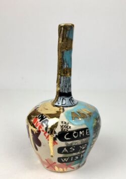 Earthenware, underglazes, glazes, 24K gold lustre, 16cmH x 9cmW. SOLD