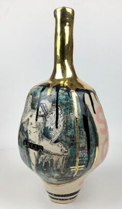 Earthenware, underglazes, glazes, 24K gold lustre, 36cmH x 18cmW.
SOLD