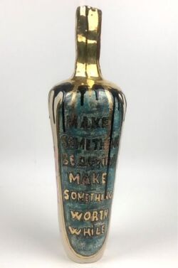 Earthenware, underglazes, glazes, 24K gold lustre, 40cmH x 13.5cmW. SOLD