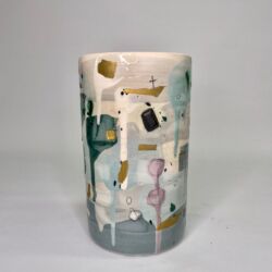 Thrown and altered earthenware, coloured decoration, partially glazed with gilt additions, 21cmH x 11cmW. £340