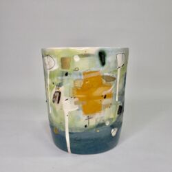 Thrown and altered earthenware, coloured decoration, partially glazed with gilt additions, 18cmH x 14cmD. SOLD