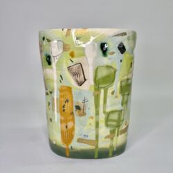 Thrown and altered earthenware, coloured decoration, partially glazed with gilt additions, 22.5cmH x 16cmD. £430