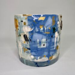 Thrown and altered earthenware, coloured decoration, partially glazed with gilt additions, 19cmH x 19cmD. £450