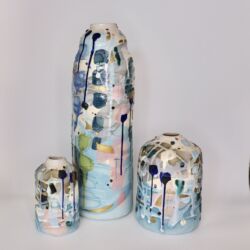 Earthenware, coloured slips, oxides, underglazes and lustres, 16cmH, 20cmH and 42cmH. ALL SOLD