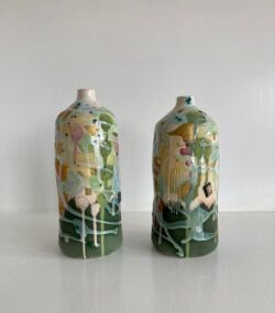 Earthenware, coloured slips, oxides, underglazes and lustre, approx 24cmH x 10cmD. BOTH SOLD