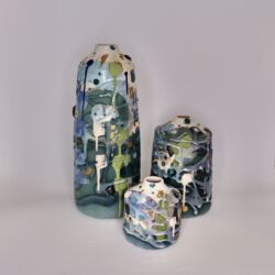 Earthenware, coloured slips, oxides, underglazes and lustres, 12cmH, 21cmH and 36cmH. S: £90 SOLD,
M: £270 SOLD,
L: £450 SOLD