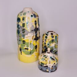 Earthenware, coloured slips, oxides, underglazes and lustres. SOLD