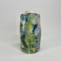 Earthenware, coloured slips, oxides, underglazes and lustres, 23cmH x 12cmW. SOLD