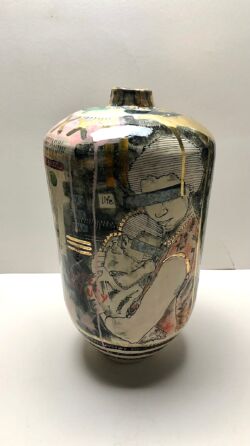 Earthenware, underglazes, pink glaze, oxides and golden lustre., 41cmH x 25.5cmW. SOLD