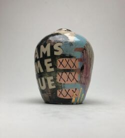 Earthenware,
coloured slips, underglazes and gold lustre, 10cmH x 9.5cmD (approx). SOLD