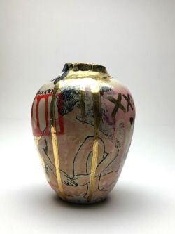 Earthenware, underglazes, glazes, oxides and gold lustre, 14.5cmH x 11.5cmW. SOLD