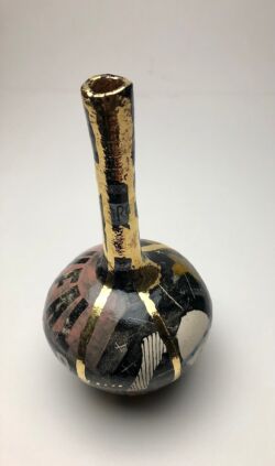 Earthenware, underglazes and golden lustre, 20cmH x 10cmW. SOLD