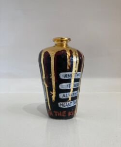 Earthenware, , underglazes, cherry red glaze and gold lustre, approx 15cmH x 8.5cmD. SOLD
