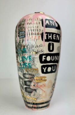 Hand built earthenware, coloured slips, underglaze, glazes, glossy transparent glaze and 24k gold lustre, approx 26cmH x 12.5cmD. SOLD