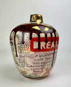 Hand built earthenware, coloured slips, underglaze, glazes, cherry glaze, glossy transparent glaze and 24k gold lustre, approx 18cmH x 13cmW. SOLD