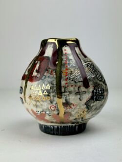 Hand built earthenware, coloured slips, underglaze, glazes, cherry glaze, glossy transparent glaze and 24k gold lustre, approx 11cmH x 10cmW. SOLD