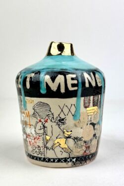 Hand built earthenware, coloured slips, underglazes, lagune glaze, glossy transparent glaze, 24K gold lustre, 12cmH x 8.5cmD. £425