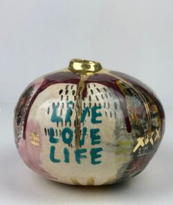 Hand built, earthenware, underglazes, glazes, and gold lustre, 13cmH x 15cmW. SOLD