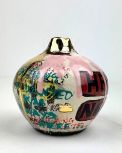 Hand built earthenware, coloured slips, underglazes, pink glaze, glossy transparent glaze, 24K gold lustre,10.5cmH x 9.5cmD. £375