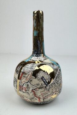Hand built earthenware, coloured slips, underglazes, glossy transparent glaze, 24K gold lustre, 16.5cmH x 9cmD. SOLD