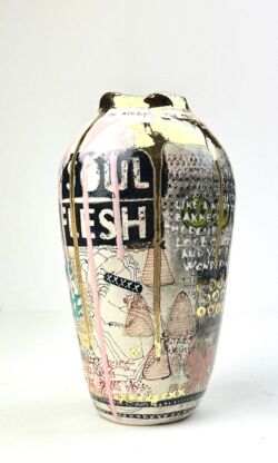 Hand built earthenware, underglazes, pink glaze, glossy transparent glaze, 24K gold lustre, 24.5cmH x 13.5cmD. SOLD