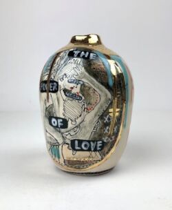 Earthenware, glazes, transparent gloss glaze, 24K gold lustre, 15.5cmH x 10.5cmD. SOLD