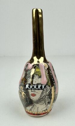 Hand built earthenware, coloured slips, underglazes, pink glaze, glossy transparent glaze, 24K gold lustre, 14cmH x 5.5cmD. SOLD