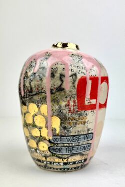 Hand built earthenware, coloured slips, underglazes, pink glaze,glossy transparent glaze, 24K gold lustre, 17cmH x 11.5cmD. SOLD