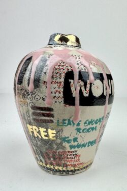 Hand built earthenware, coloured slips, underglazes, pink glaze, glossy transparent glaze, 24K gold lustre, 17cmH x 13cmD. SOLD