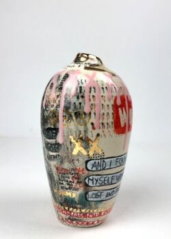 Earthenware, underglazes, oxides, transparent gloss glaze, 24K gold lustre, 17cmH x 9.5cmD. SOLD