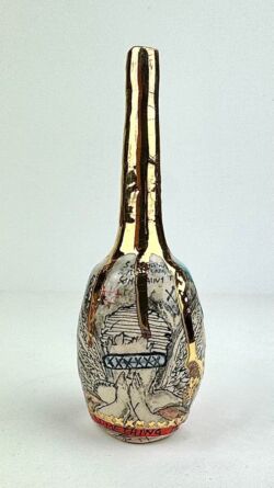 Hand built earthenware, coloured slips, underglazes, pink glaze, glossy transparent glaze, 24K gold lustre, 13.5cmH x 5cmD. £265