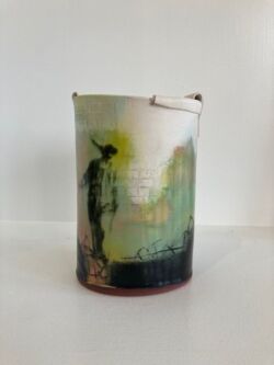 Terracotta, slips, stains, oxides and printing, 19cmH x12cmW. SOLD