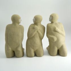 Sanded buff stoneware, white porcelain detail on faces, 23cmH x 35cmW (min) x 15cmD. SOLD