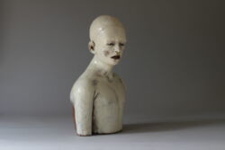 Handbuilt stoneware and terracotta, slips, crackle glazes, indian ink and glass eyes, 52cmH x 30cmW x 21cmD. SOLD
