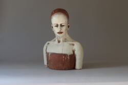 Handbuilt stoneware and terracotta, slips, crackle glazes, indian ink and glass eyes, 49cmH x 36cmW x 26cmD (weight approx 7.5kg). SOLD