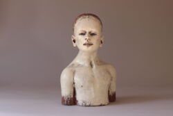 Handbuilt stoneware and terracotta, slips, crackle glazes, indian ink and glass eyes, 41cmH x 27cmW x 20cmD (weight approx 5.4kg). SOLD