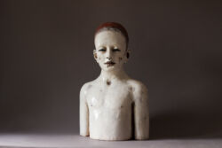 Handbuilt stoneware and terracotta, slips, crackle glazes, indian ink and glass eyes, 45cmH x 28cmW x 20cmD, 6.5kg. £1,500
