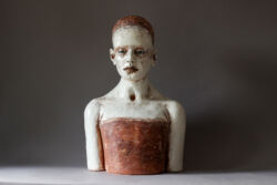 Handbuilt stoneware and terracotta, slips, crackle glazes, indian ink and glass eyes, 50cmH x 31cmW x 22cmD, 7.8kg. £2,000