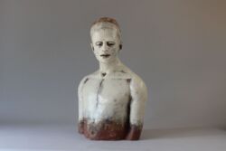 Handbuilt stoneware and terracotta, slips, crackle glazes, indian ink and glass eyes, 60cmH x 39cmW x 27cmD (weight approx 12kg). SOLD