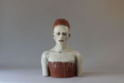 Handbuilt stoneware and terracotta, slips, crackle glazes, indian ink and glass eyes, 51cmH x 37cmW x 26cmD (weight approx 9.5kg). SOLD