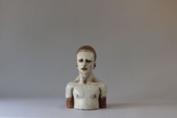 Handbuilt stoneware and terracotta, slips, crackle glazes, indian ink and glass eyes, 39cmH x 24cmW x 21cmD. SOLD