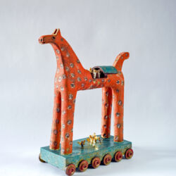 Red clay, porcelain, slips, underglazes, lithium glaze and gold lustre, 41cmH x 34cmW x 15cmD. SOLD