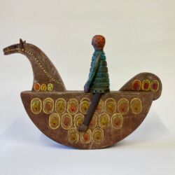 Red clay, slips, underglazes, lithium glaze, red, yellow and blue enamels, 28cmH x 40cmW, 15cmD. SOLD